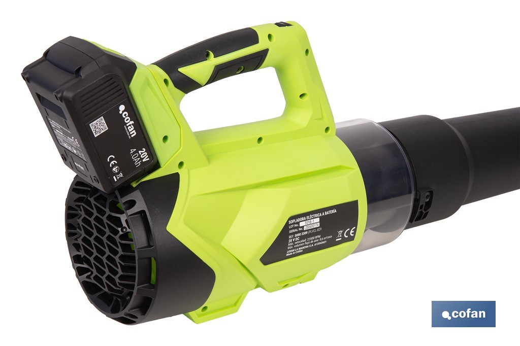 Sopladora a batería 20 V con 2 velocidades y motor de 22.500 rpm | Ligera, ergonómica y potente | Disponible con y sin batería y cargador - Cofan