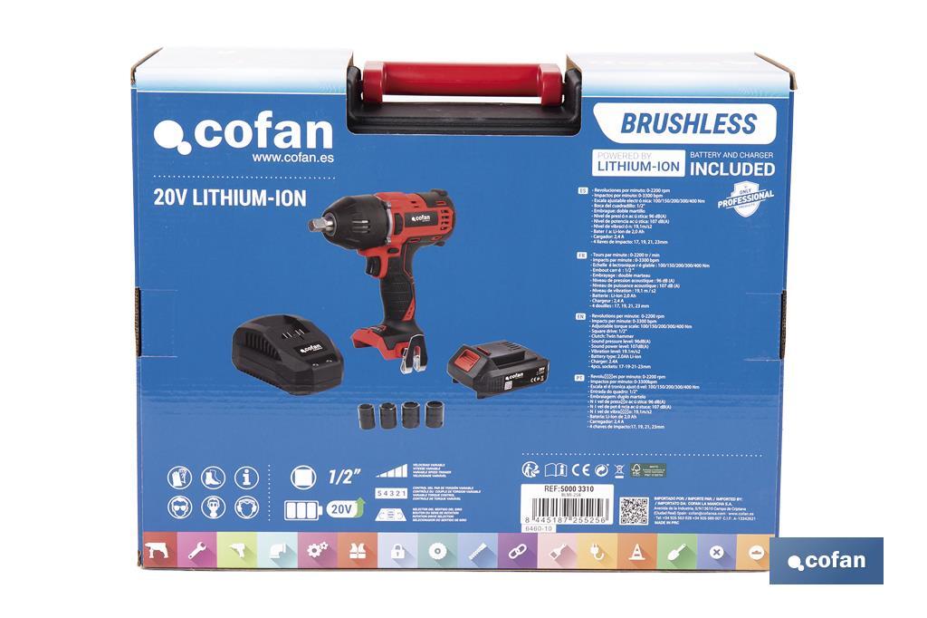 Pistola de impacto 1/2" a Batería | Batería de 20V + Cargador incluidos - Cofan