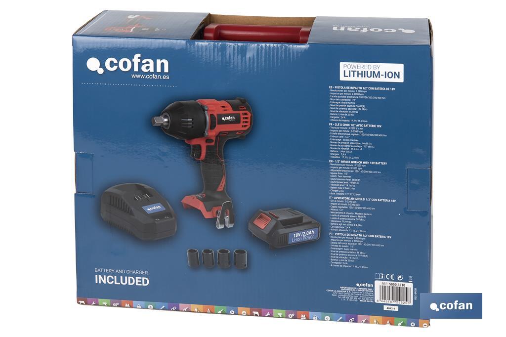 Pistola de impacto 1/2" a Batería | Batería de 20V + Cargador incluidos - Cofan