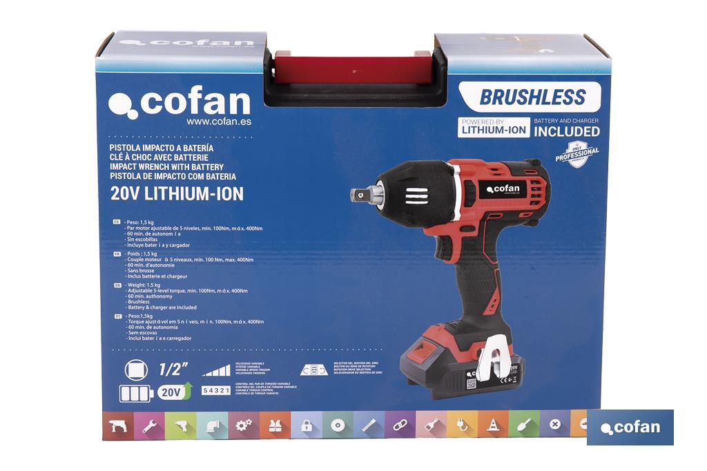Pistola de impacto 1/2" a Batería | Batería de 20V + Cargador incluidos - Cofan
