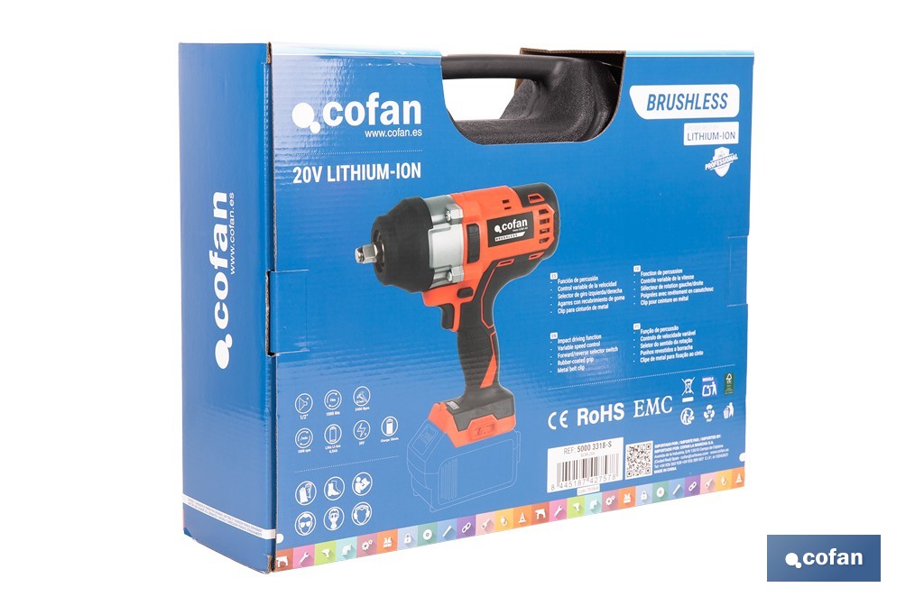Pistola de impacto 1/2" a batería con motor brushless | Potencia: 20 V | Velocidad de 1800 rpm | 400–1000 Nm | Disponible con y sin batería y cargador - Cofan