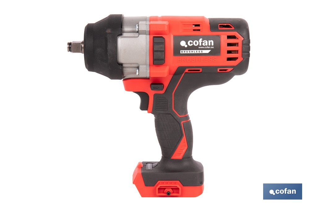 Pistola de impacto 1/2" a batería con motor brushless | Potencia: 20 V | Velocidad de 1800 rpm | 400–1000 Nm | Disponible con y sin batería y cargador - Cofan