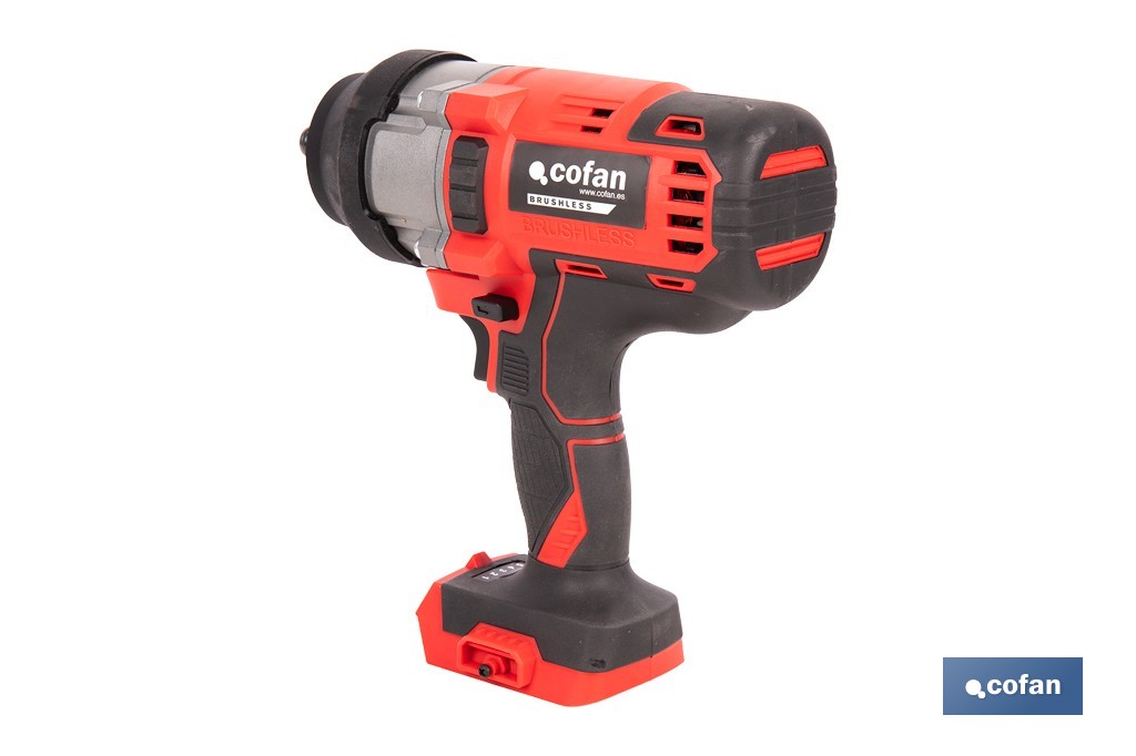 Pistola de impacto 1/2" a batería con motor brushless | Potencia: 20 V | Velocidad de 1800 rpm | 400–1000 Nm | Disponible con y sin batería y cargador - Cofan