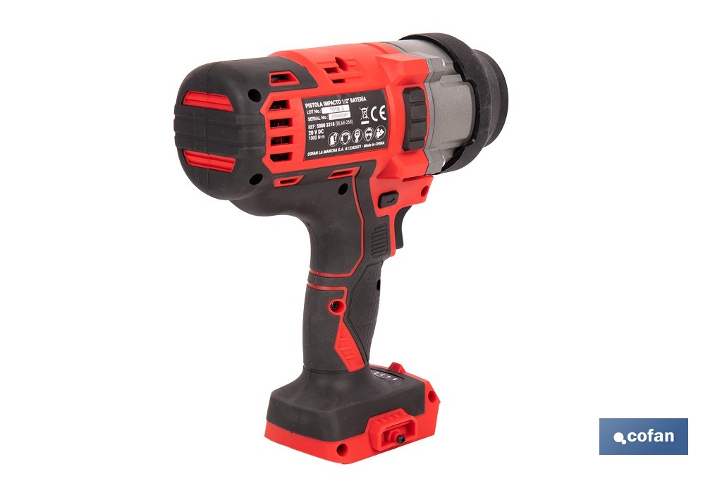 Pistola de impacto 1/2" a batería con motor brushless | Potencia: 20 V | Velocidad de 1800 rpm | 400–1000 Nm | Disponible con y sin batería y cargador - Cofan