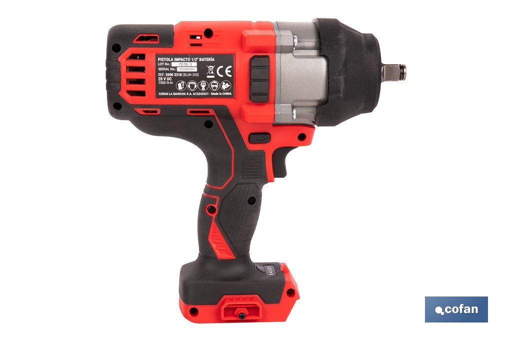 Pistola de impacto 1/2" a batería con motor brushless | Potencia: 20 V | Velocidad de 1800 rpm | 400–1000 Nm | Disponible con y sin batería y cargador - Cofan