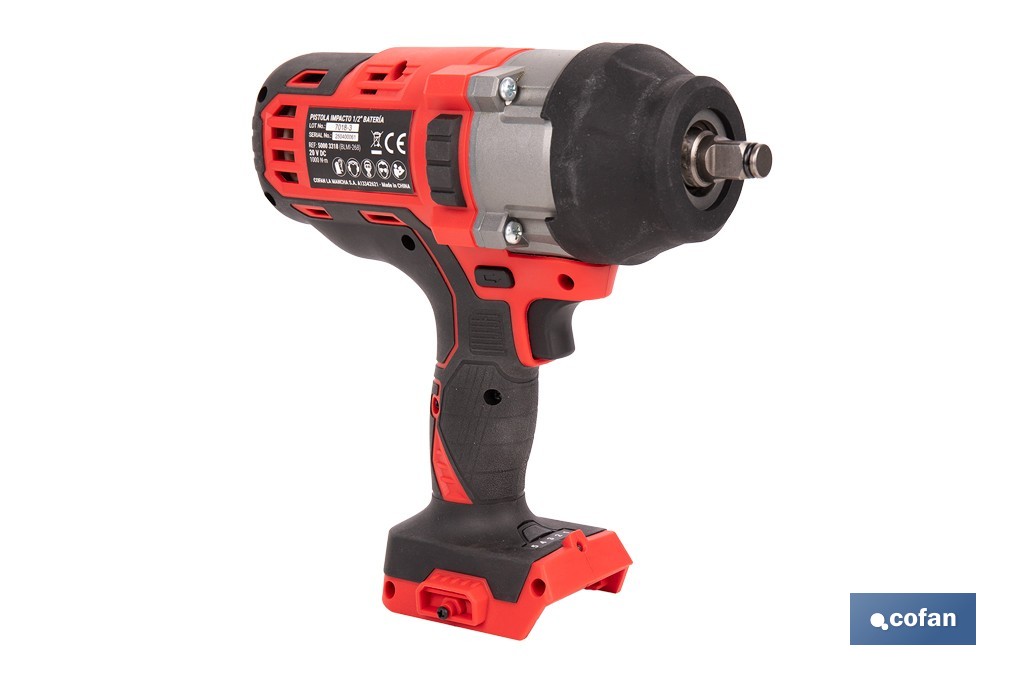 Pistola de impacto 1/2" a batería con motor brushless | Potencia: 20 V | Velocidad de 1800 rpm | 400–1000 Nm | Disponible con y sin batería y cargador - Cofan