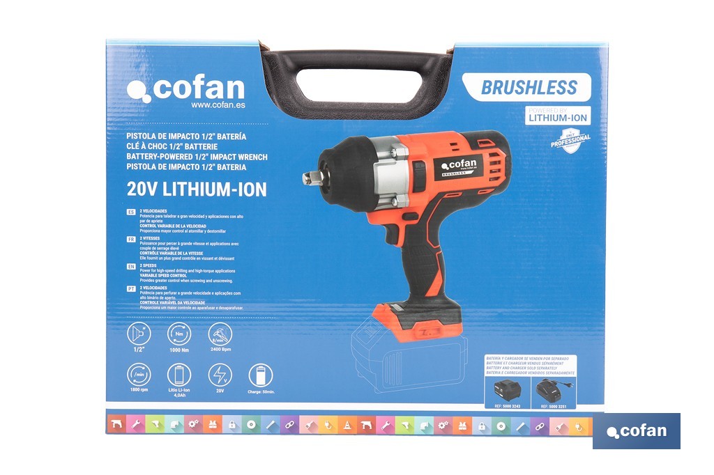 Pistola de impacto 1/2" a batería con motor brushless | Potencia: 20 V | Velocidad de 1800 rpm | 400–1000 Nm | Disponible con y sin batería y cargador - Cofan