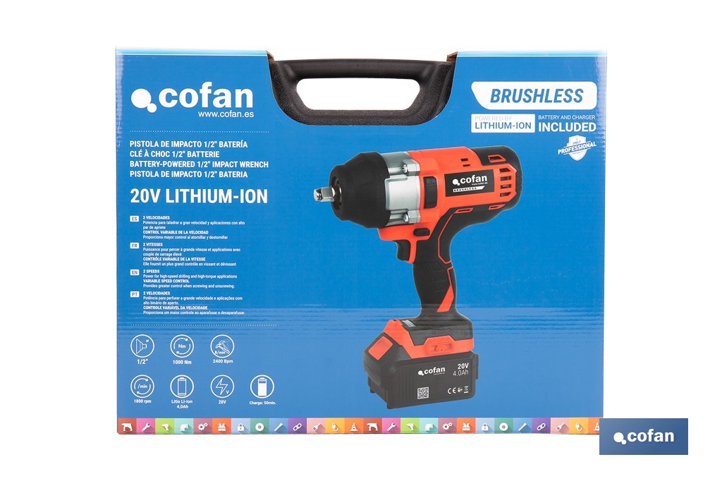 Pistola de impacto 1/2" a batería con motor brushless | Potencia: 20 V | Velocidad de 1800 rpm | 400–1000 Nm | Disponible con y sin batería y cargador - Cofan