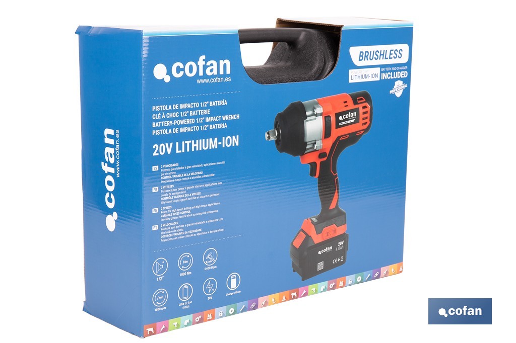 Pistola de impacto 1/2" a batería con motor brushless | Potencia: 20 V | Velocidad de 1800 rpm | 400–1000 Nm | Disponible con y sin batería y cargador - Cofan