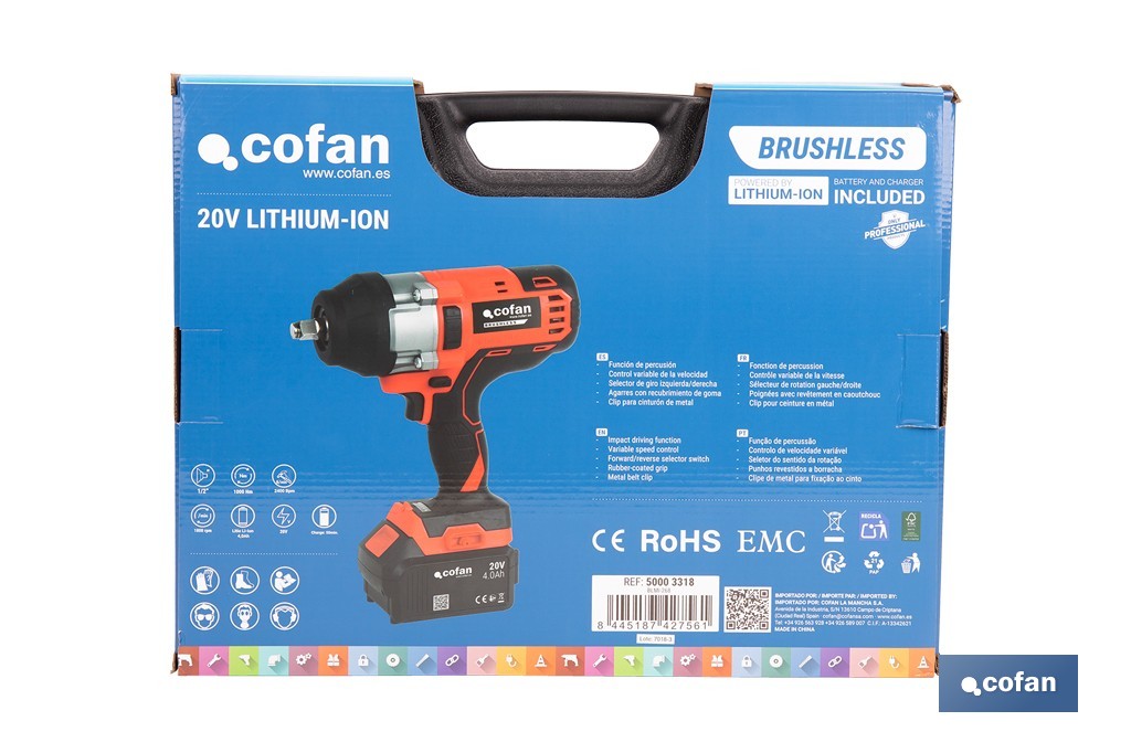 Pistola de impacto 1/2" a batería con motor brushless | Potencia: 20 V | Velocidad de 1800 rpm | 400–1000 Nm | Disponible con y sin batería y cargador - Cofan