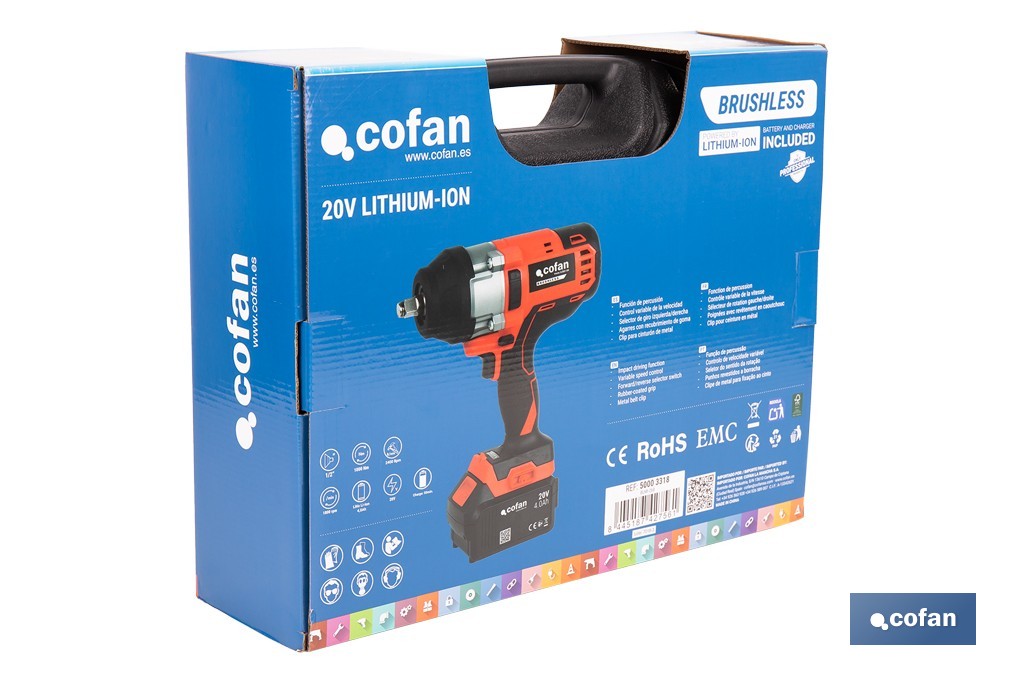 Pistola de impacto 1/2" a batería con motor brushless | Potencia: 20 V | Velocidad de 1800 rpm | 400–1000 Nm | Disponible con y sin batería y cargador - Cofan