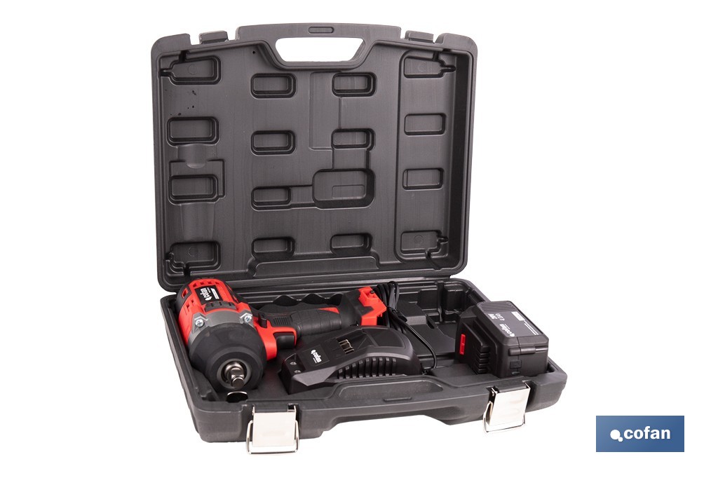 Pistola de impacto 1/2" a batería con motor brushless | Potencia: 20 V | Velocidad de 1800 rpm | 400–1000 Nm | Disponible con y sin batería y cargador - Cofan