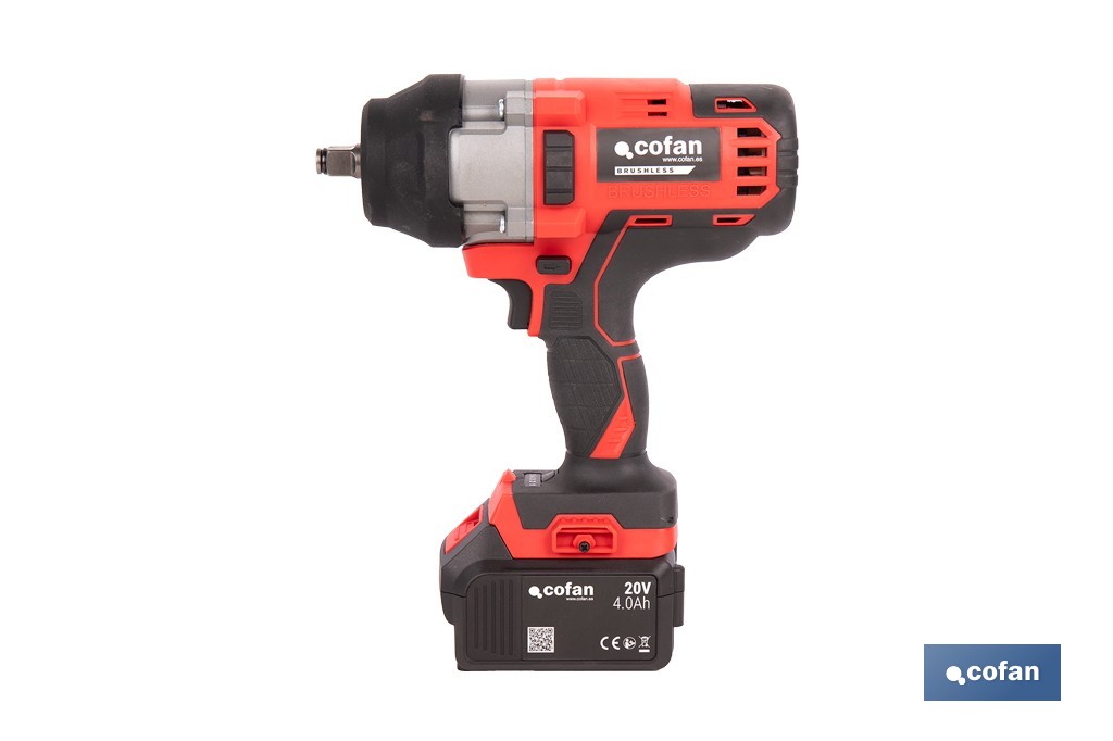 Pistola de impacto 1/2" a batería con motor brushless | Potencia: 20 V | Velocidad de 1800 rpm | 400–1000 Nm | Disponible con y sin batería y cargador - Cofan