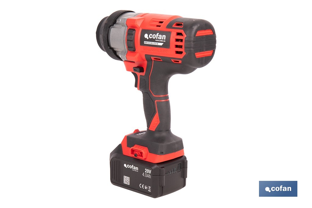 Pistola de impacto 1/2" a batería con motor brushless | Potencia: 20 V | Velocidad de 1800 rpm | 400–1000 Nm | Disponible con y sin batería y cargador - Cofan