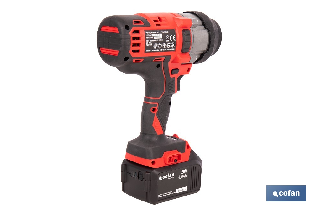 Pistola de impacto 1/2" a batería con motor brushless | Potencia: 20 V | Velocidad de 1800 rpm | 400–1000 Nm | Disponible con y sin batería y cargador - Cofan