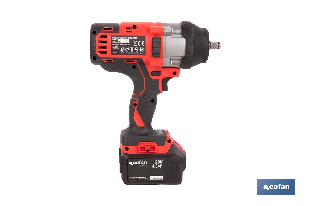 Pistola de impacto 1/2" a batería con motor brushless | Potencia: 20 V | Velocidad de 1800 rpm | 400–1000 Nm | Disponible con y sin batería y cargador - Cofan