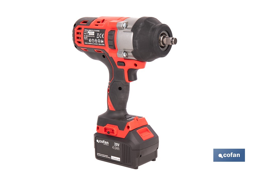 Pistola de impacto 1/2" a batería con motor brushless | Potencia: 20 V | Velocidad de 1800 rpm | 400–1000 Nm | Disponible con y sin batería y cargador - Cofan