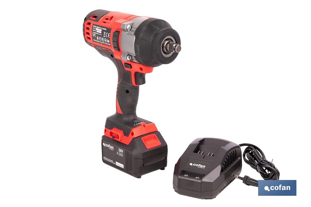 Pistola de impacto 1/2" a batería con motor brushless | Potencia: 20 V | Velocidad de 1800 rpm | 400–1000 Nm | Disponible con y sin batería y cargador - Cofan