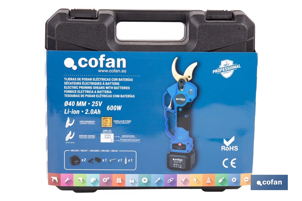 Tijeras de Podar Eléctricas | Funcionamiento a Batería Li-ion 25 V 2 Ah - Cofan