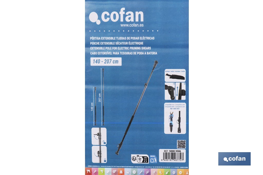 Pértiga extensible para tijeras de podar eléctricas | Ajustable desde 1,4 m hasta 2,07 m | Correa incluida y gatillo ergonómico - Cofan