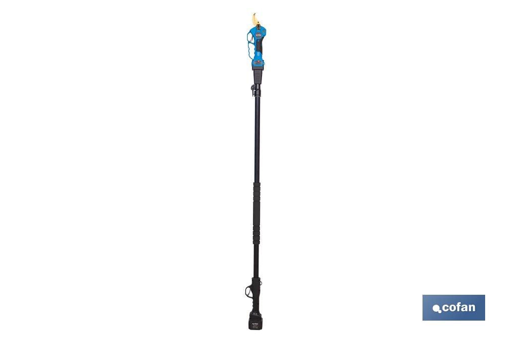 Set de tijeras de podar eléctricas 25 V con pértiga extensible 1,40-2,07 m | Incluye 2 baterías, maletín y accesorios - Cofan