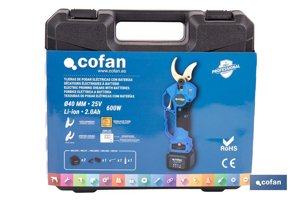 Set de tijeras de podar eléctricas 25 V con pértiga extensible 1,40-2,07 m | Incluye 2 baterías, maletín y accesorios - Cofan