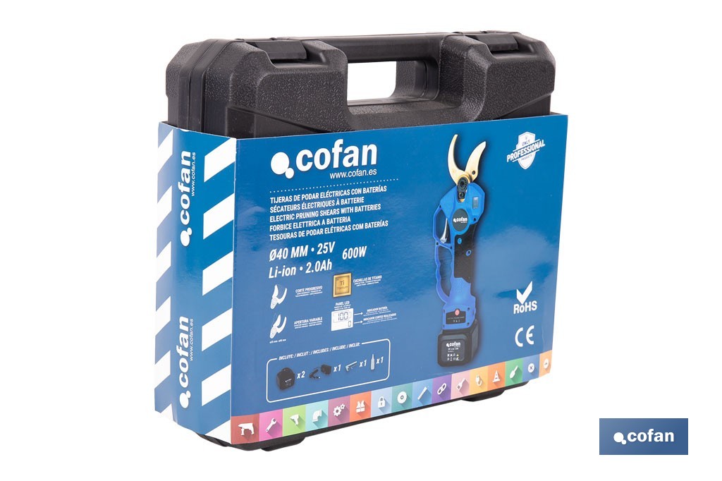 Set de tijeras de podar eléctricas 25 V con pértiga extensible 1,40-2,07 m | Incluye 2 baterías, maletín y accesorios - Cofan