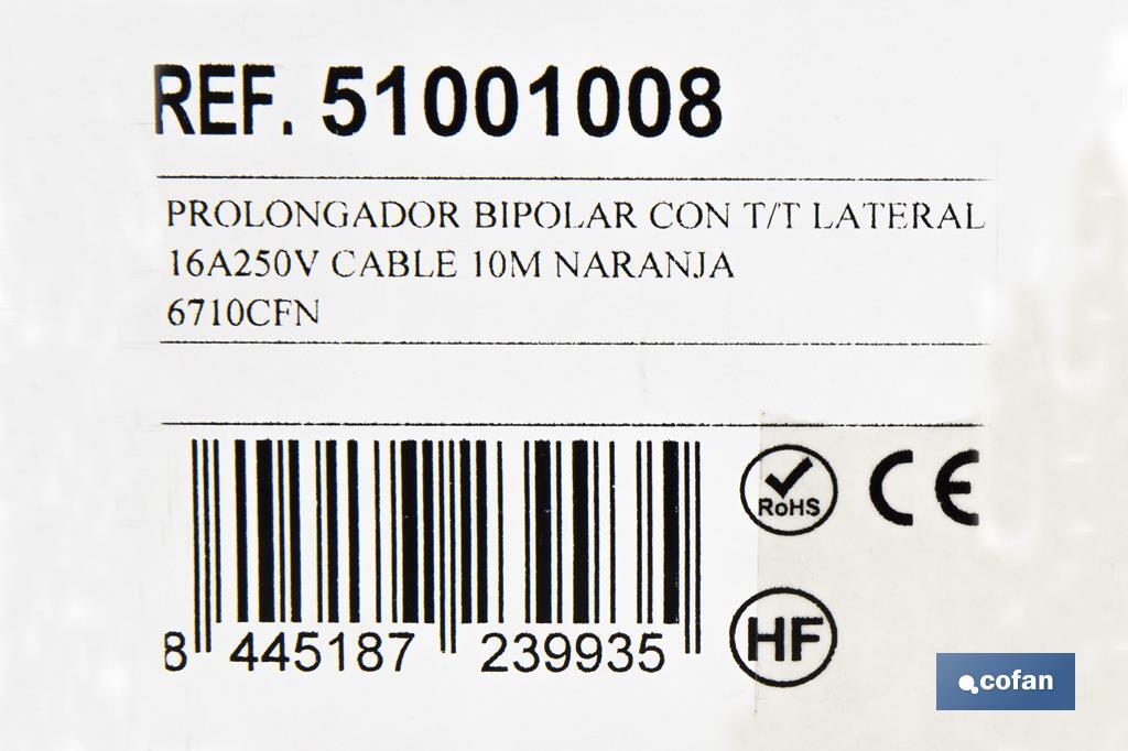 Prolongador de cable bipolar IP 44 | Con toma de tierra lateral | Cable de 10 y 25 metros color naranja - Cofan