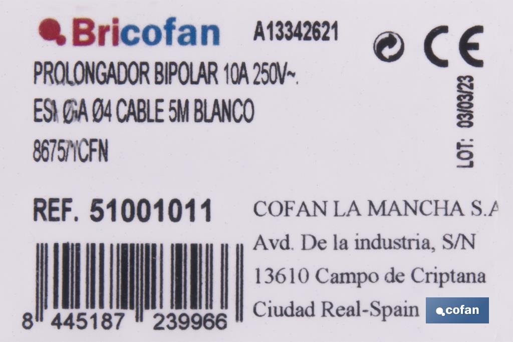 Prolongador de cable bipolar | Apto para enchufe de tipo espiga | Cable de 3 y 5 metros color blanco - Cofan