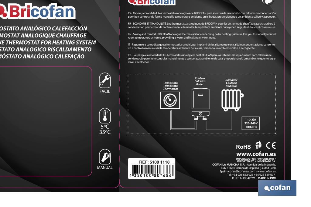 Termostato para calefacción analógico | Regulación de temperatura manual | Medidas 100 x 80 x 40 mm - Cofan