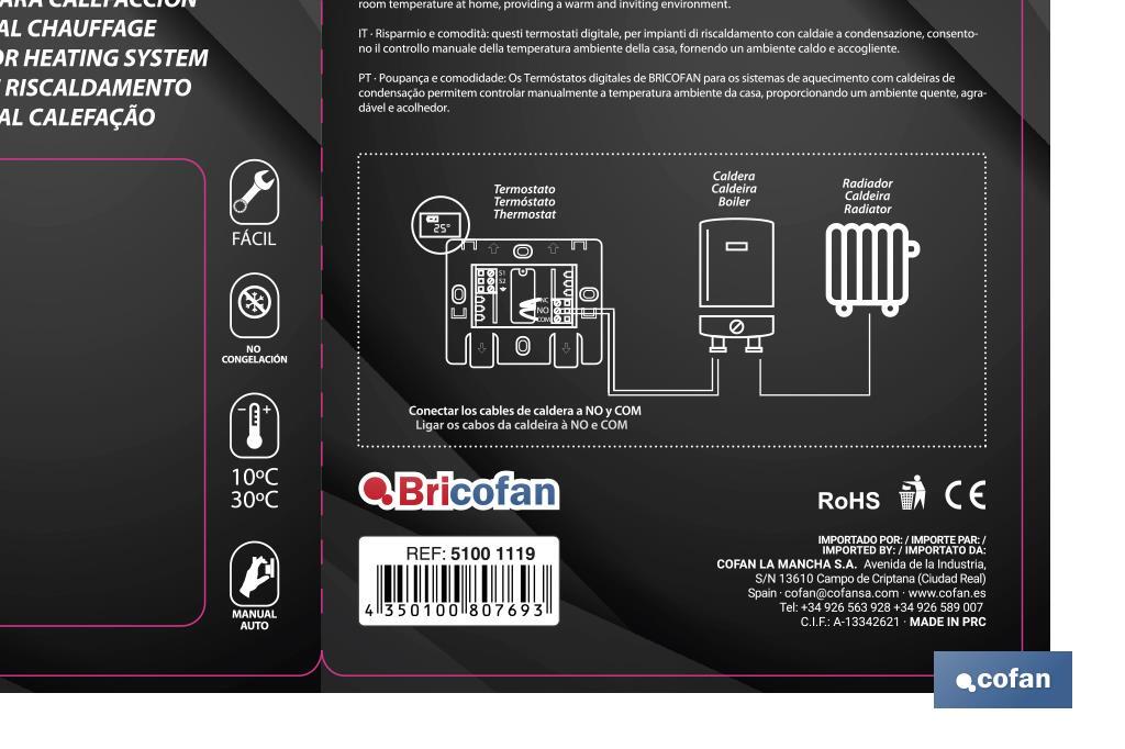 Termostato para calefacción digital | Regulación de temperatura digital | Medidas 100 x 80 x 40 mm - Cofan