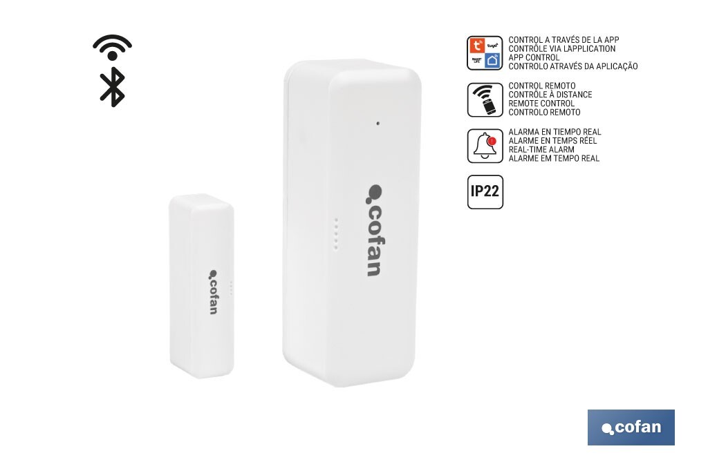 Sensor inteligente para puertas y ventanas | Conexión WiFi y Bluetooth | Funciona con aplicación Smart Life o Tuya | Compatible con Alexa y Google | Protección antirrobo - Cofan