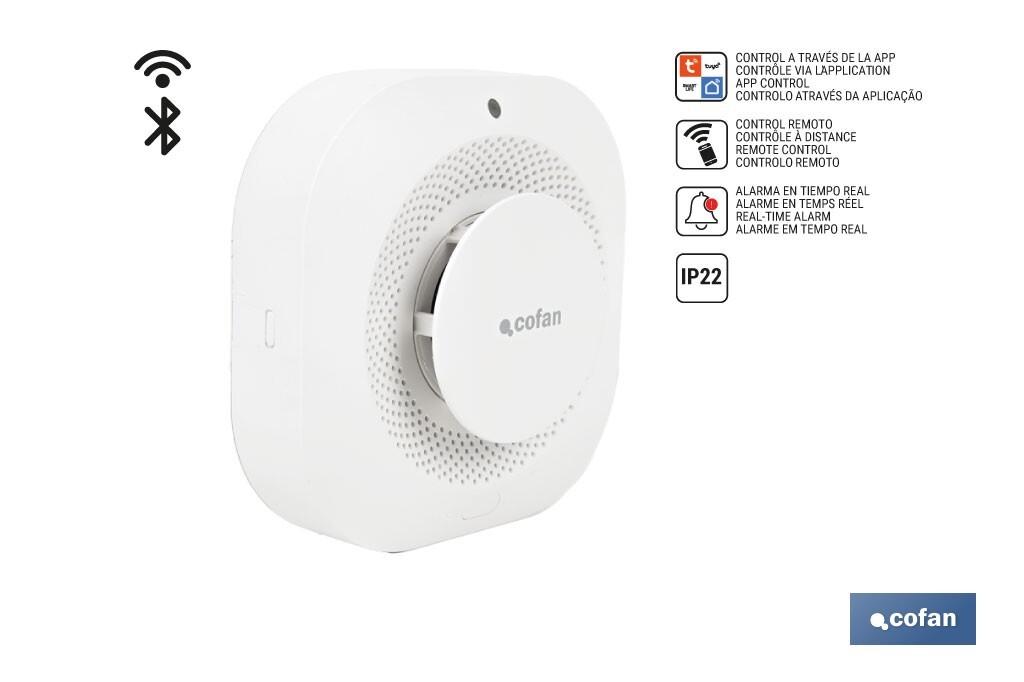 Detetor de fumo inteligente | Ligação WiFi e Bluetooth | Aplicação Smart Life ou Tuya | Compatível com Alexa e Google | Segurança doméstica - Cofan
