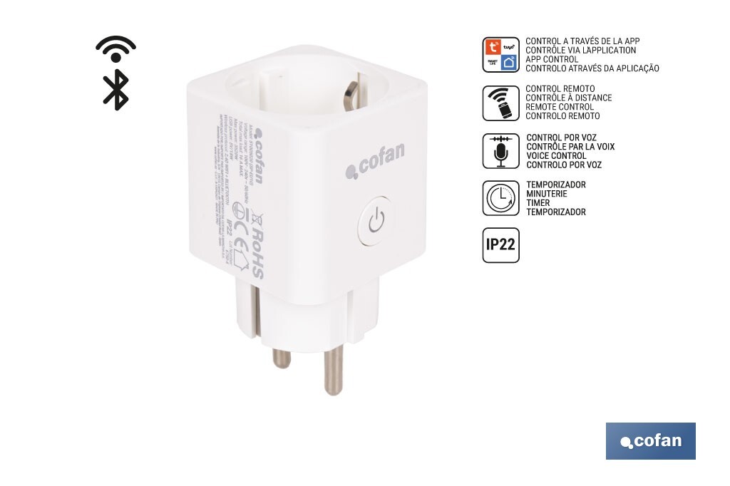 Enchufe inteligente con conexión WiFi y Bluetooth | Aplicación Smart Life o Tuya | Compatible con Alexa y Google | Control remoto | Con protección infantil - Cofan