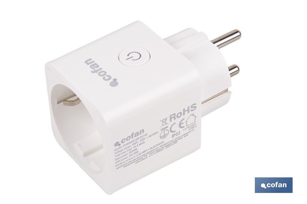 Enchufe inteligente con conexión WiFi y Bluetooth | Aplicación Smart Life o Tuya | Compatible con Alexa y Google | Control remoto | Con protección infantil - Cofan