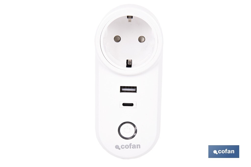 Enchufe inteligente con USB y tipo C | Conexión WiFi y Bluetooth | Aplicación: Smart Life o Tuya | Compatible con Alexa y Google | Control remoto, temporizador y protección infantil - Cofan