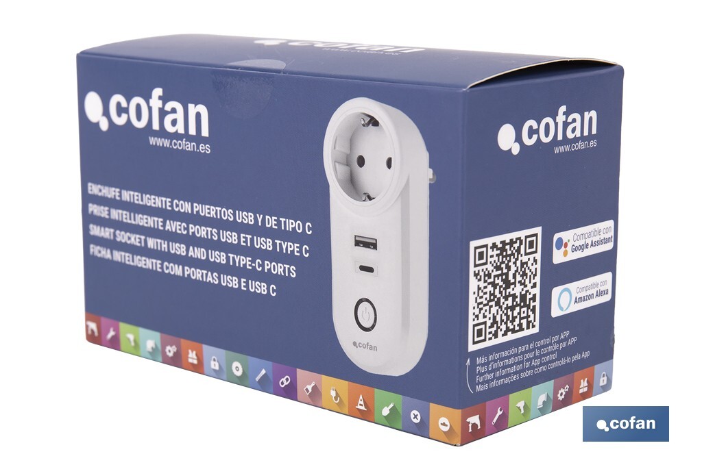 Enchufe inteligente con USB y tipo C | Conexión WiFi y Bluetooth | Aplicación: Smart Life o Tuya | Compatible con Alexa y Google | Control remoto, temporizador y protección infantil - Cofan