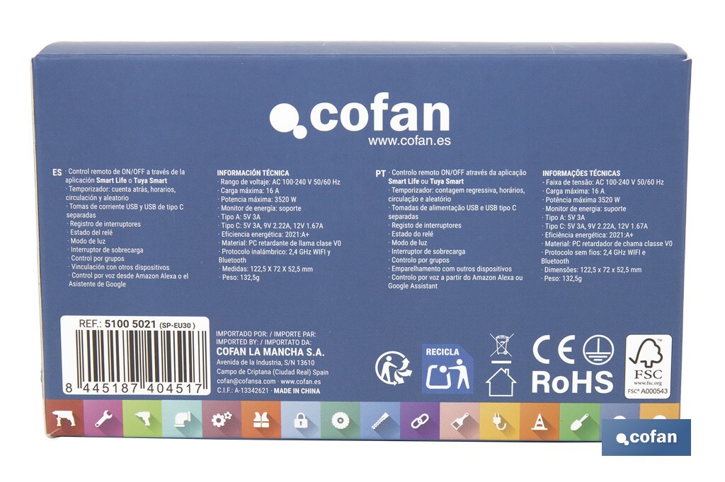 Enchufe inteligente con USB y tipo C | Conexión WiFi y Bluetooth | Aplicación: Smart Life o Tuya | Compatible con Alexa y Google | Control remoto, temporizador y protección infantil - Cofan