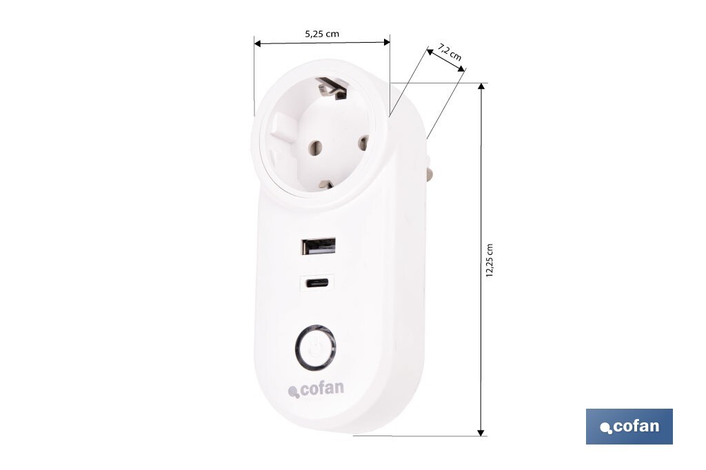 Enchufe inteligente con USB y tipo C | Conexión WiFi y Bluetooth | Aplicación: Smart Life o Tuya | Compatible con Alexa y Google | Control remoto, temporizador y protección infantil - Cofan