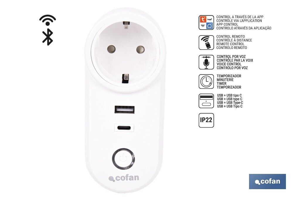 Enchufe inteligente con USB y tipo C | Conexión WiFi y Bluetooth | Aplicación: Smart Life o Tuya | Compatible con Alexa y Google | Control remoto, temporizador y protección infantil - Cofan