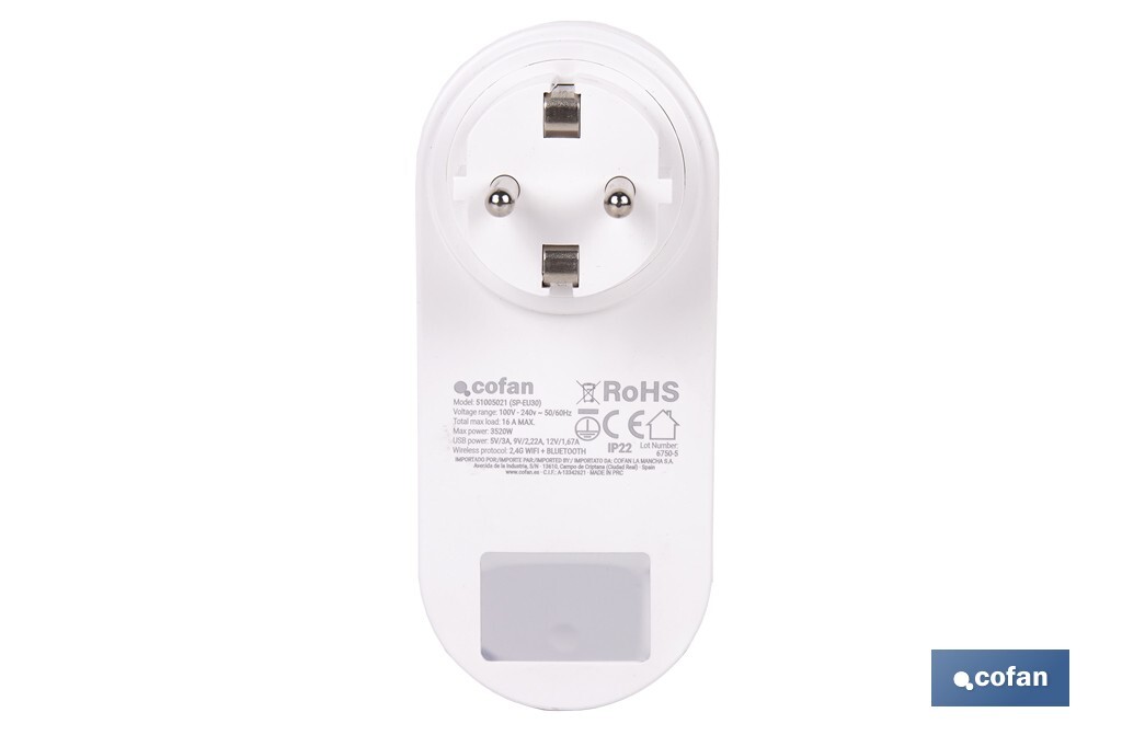 Enchufe inteligente con USB y tipo C | Conexión WiFi y Bluetooth | Aplicación: Smart Life o Tuya | Compatible con Alexa y Google | Control remoto, temporizador y protección infantil - Cofan