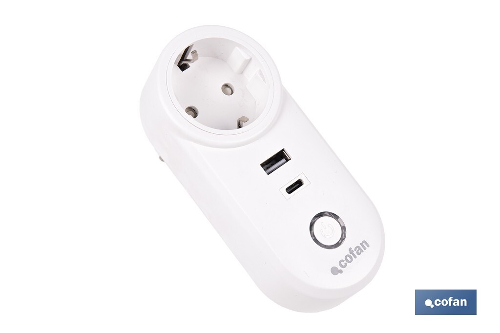 Enchufe inteligente con USB y tipo C | Conexión WiFi y Bluetooth | Aplicación: Smart Life o Tuya | Compatible con Alexa y Google | Control remoto, temporizador y protección infantil - Cofan