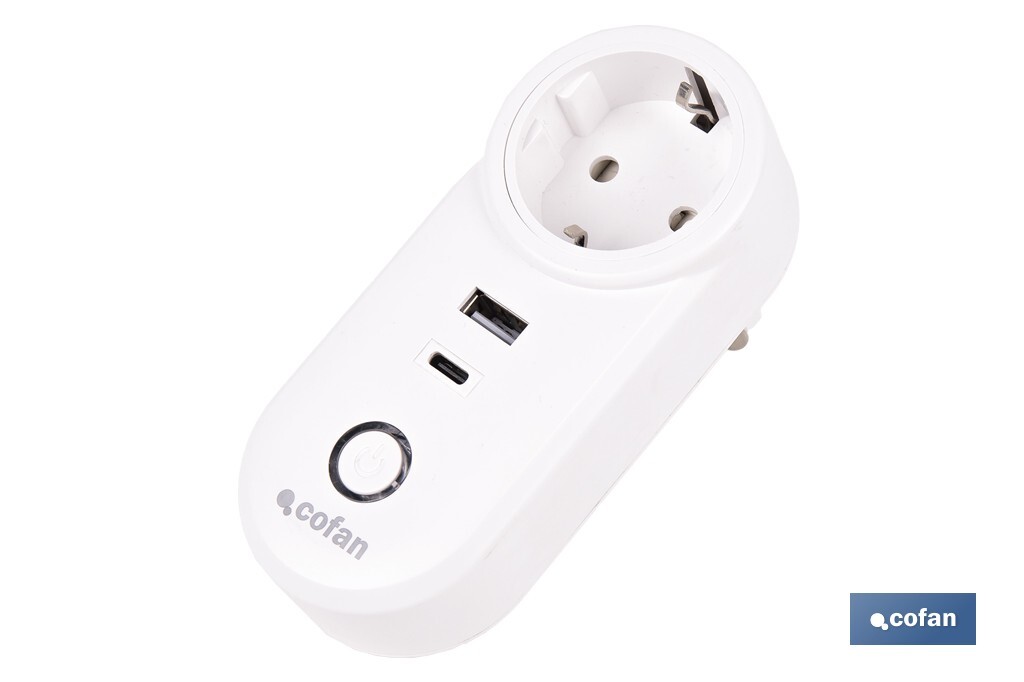 Enchufe inteligente con USB y tipo C | Conexión WiFi y Bluetooth | Aplicación: Smart Life o Tuya | Compatible con Alexa y Google | Control remoto, temporizador y protección infantil - Cofan
