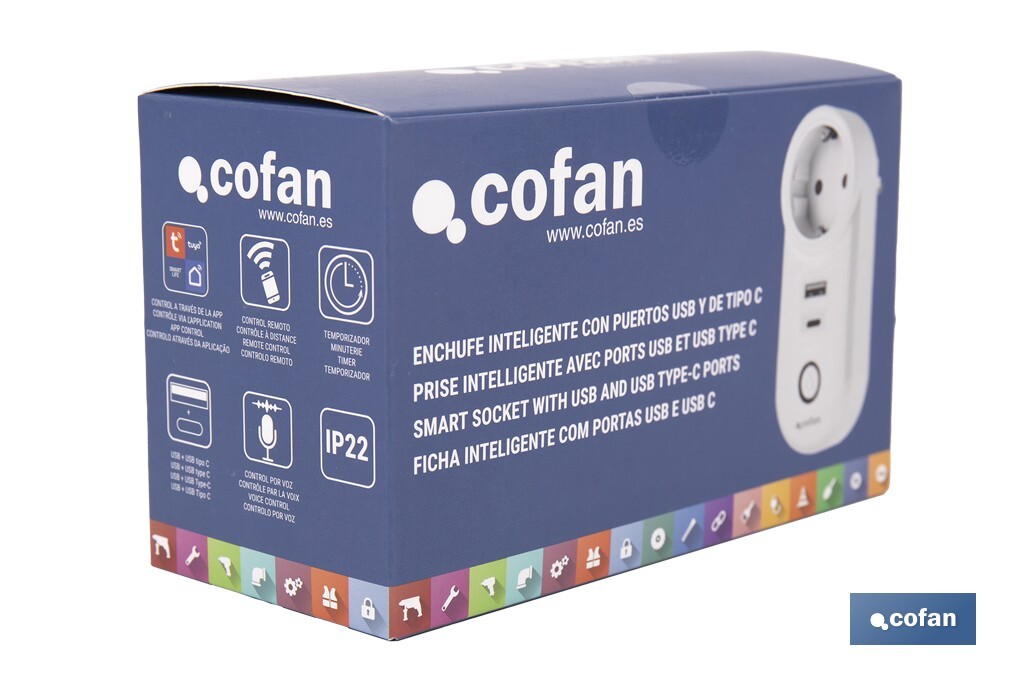 Enchufe inteligente con USB y tipo C | Conexión WiFi y Bluetooth | Aplicación: Smart Life o Tuya | Compatible con Alexa y Google | Control remoto, temporizador y protección infantil - Cofan