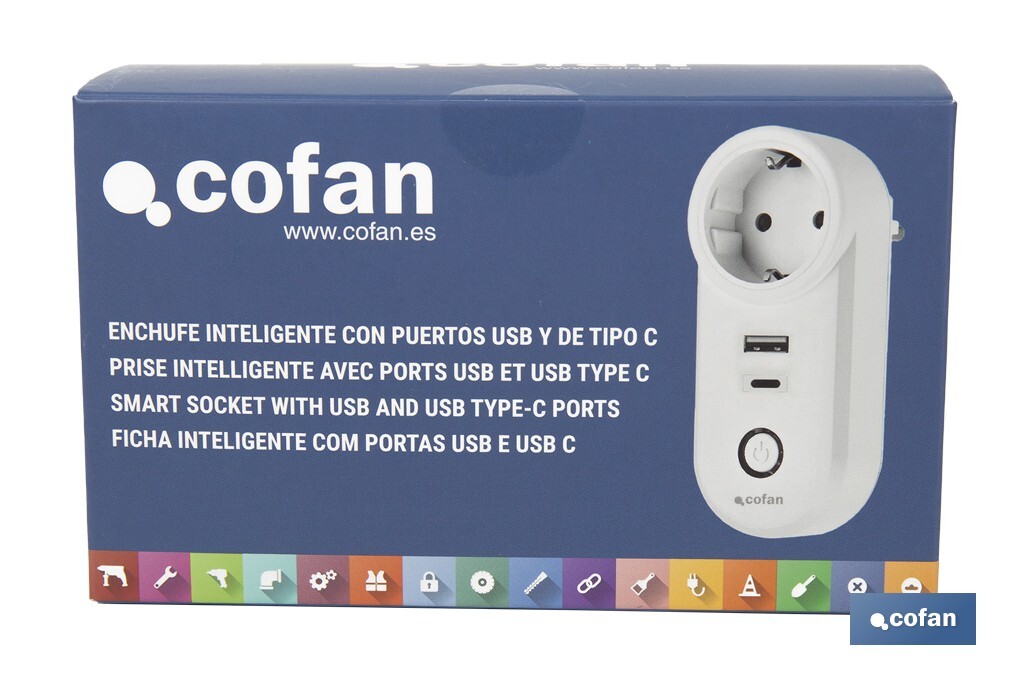 Enchufe inteligente con USB y tipo C | Conexión WiFi y Bluetooth | Aplicación: Smart Life o Tuya | Compatible con Alexa y Google | Control remoto, temporizador y protección infantil - Cofan