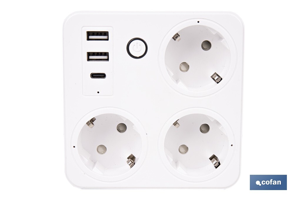 Regleta inteligente WiFi con 3 tomas + 2 puertos USB + 1 puerto USB-C | Conectividad WiFi y Bluetooth | Aplicación: Smart Life o Tuya | Control remoto de dispositivos | Compatible con Alexa y Google - Cofan