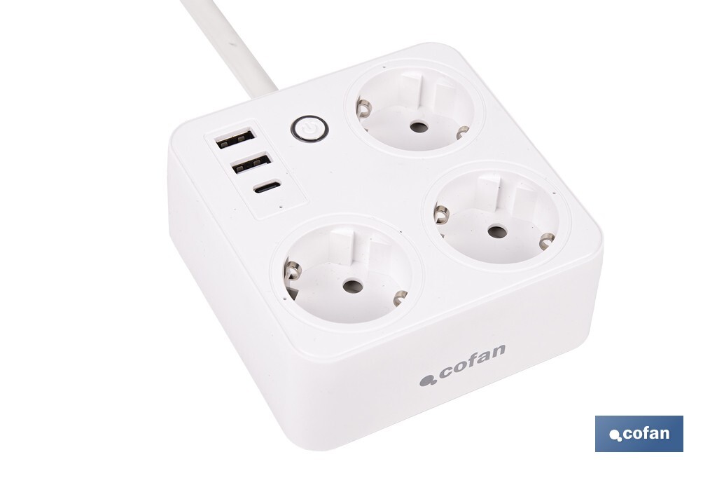 Regleta inteligente WiFi con 3 tomas + 2 puertos USB + 1 puerto USB-C | Conectividad WiFi y Bluetooth | Aplicación: Smart Life o Tuya | Control remoto de dispositivos | Compatible con Alexa y Google - Cofan