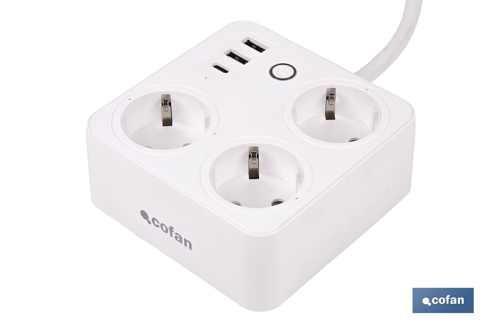 Regleta inteligente WiFi con 3 tomas + 2 puertos USB + 1 puerto USB-C | Conectividad WiFi y Bluetooth | Aplicación: Smart Life o Tuya | Control remoto de dispositivos | Compatible con Alexa y Google - Cofan