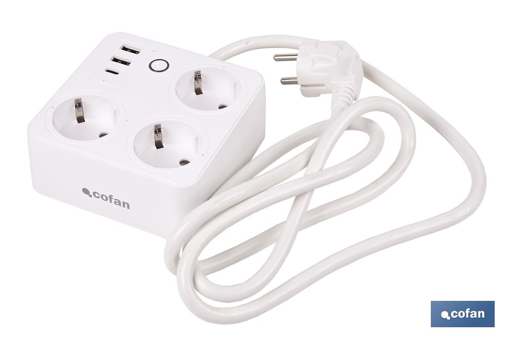 Regleta inteligente WiFi con 3 tomas + 2 puertos USB + 1 puerto USB-C | Conectividad WiFi y Bluetooth | Aplicación: Smart Life o Tuya | Control remoto de dispositivos | Compatible con Alexa y Google - Cofan