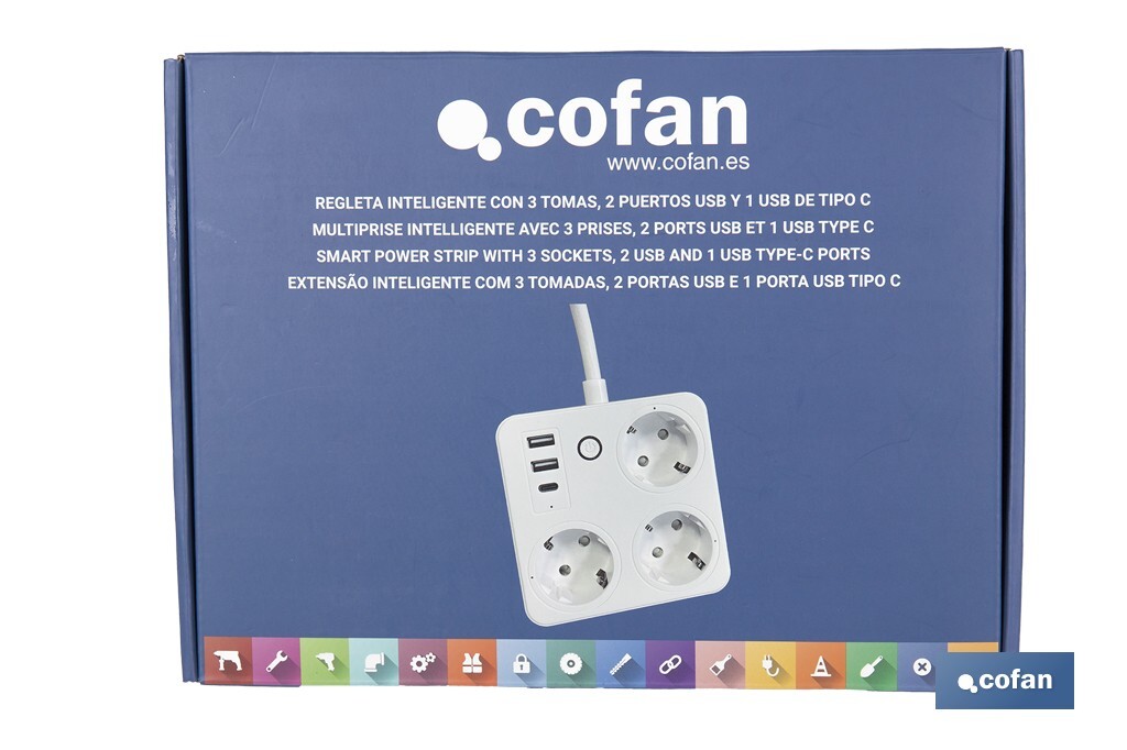 Regleta inteligente WiFi con 3 tomas + 2 puertos USB + 1 puerto USB-C | Conectividad WiFi y Bluetooth | Aplicación: Smart Life o Tuya | Control remoto de dispositivos | Compatible con Alexa y Google - Cofan